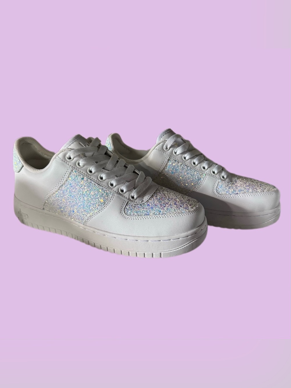 Women's White Glitter Panel Lace-Up Fashion Sneakers